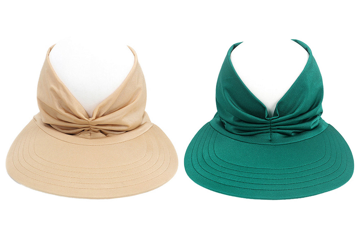 2Pcs Womens Elastic Beach Summer Sun Hats Wide Brim Visor UV Protection-Green And Camel