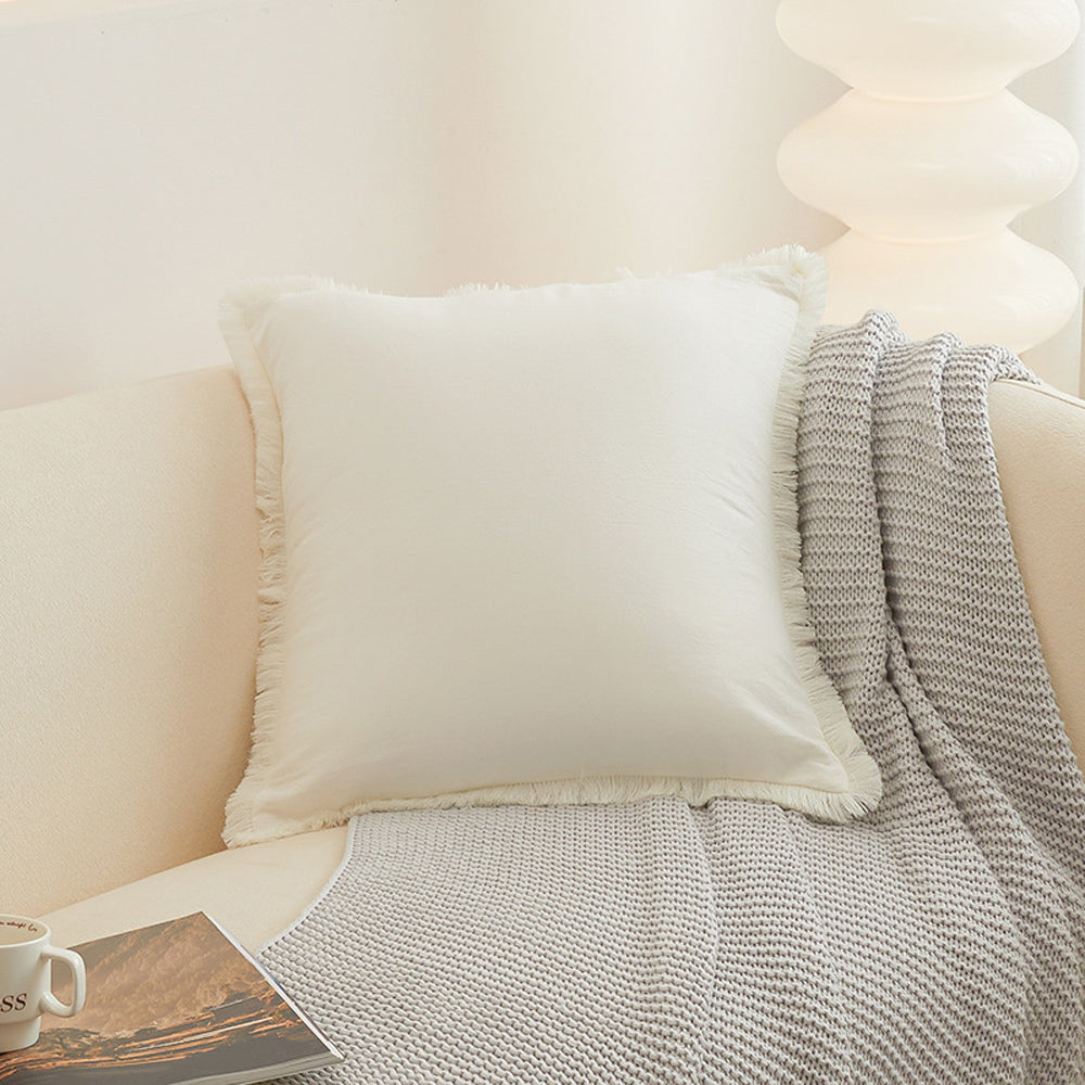 Boho Decorative Throw Pillow Cover with Tassel Trim Farmhouse Fringed Square Cushion Case for Sofa Couch Beige