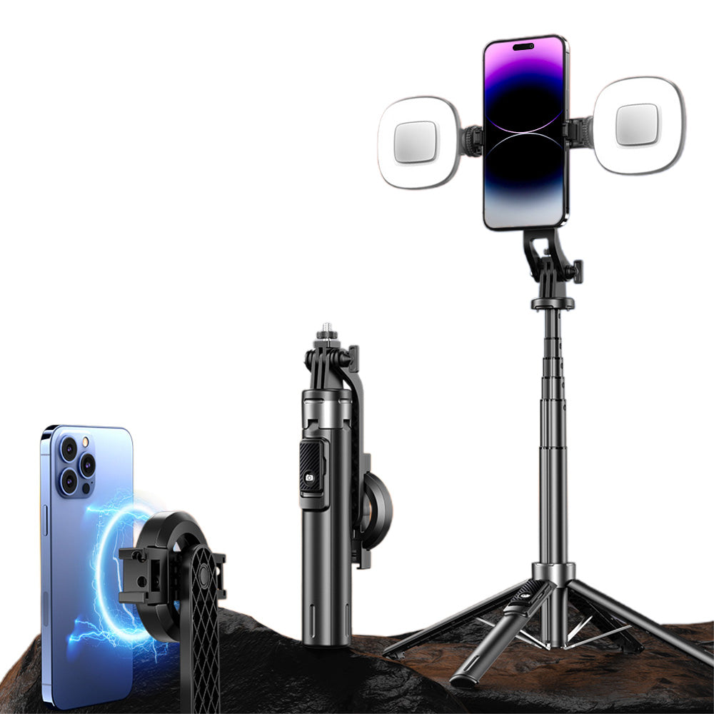 Portable Phone Tripod Stand Retractable Selfie Stick with Remote Control and Fill Light for Photograph Video Recording Black