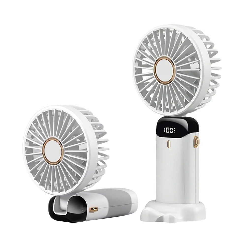 3-in-1 5 Speed USB Handheld Fan Mini Folding Digital Display Fan with Lanyard and Base White