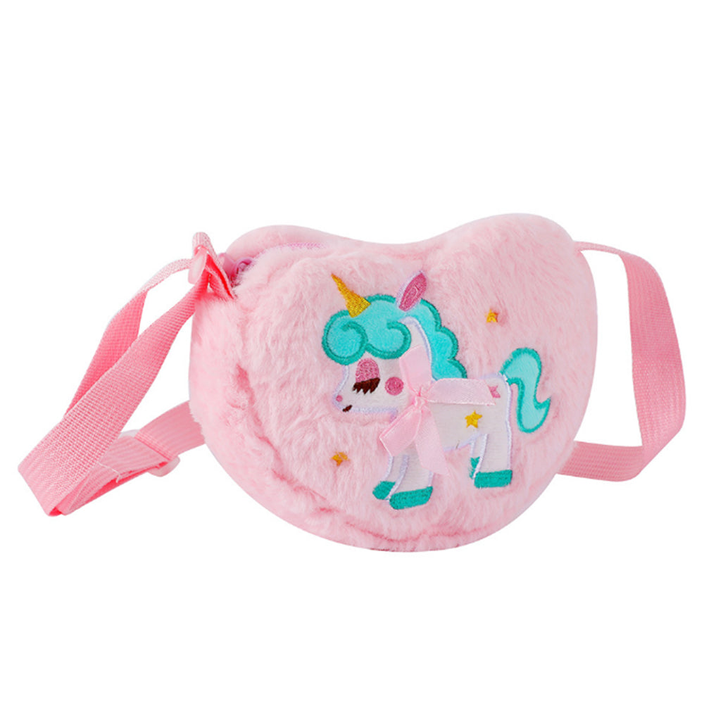 Cute Plush Unicorn Crossbody Bag Heart Shape Zipper Shoulder Bag for Girls Pink