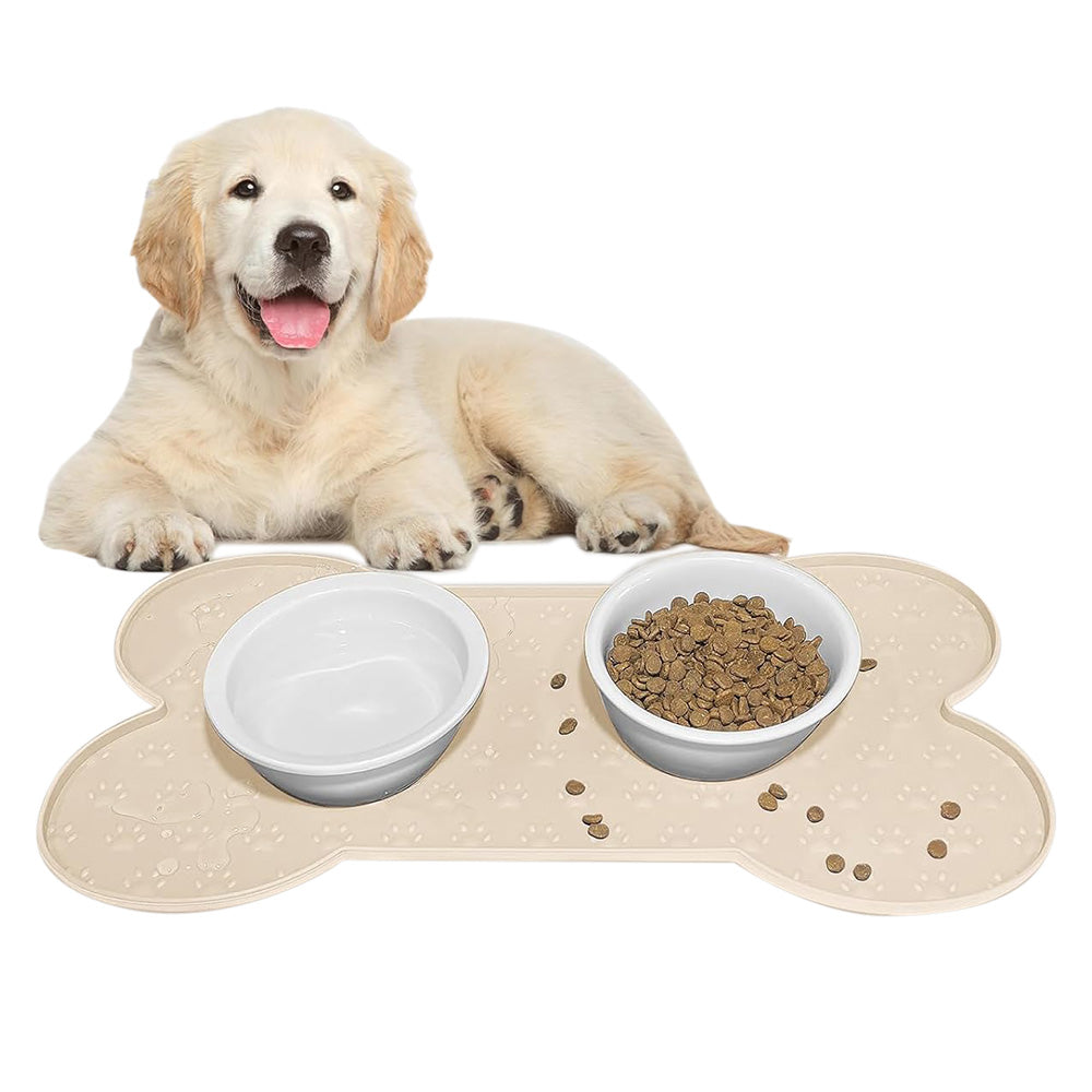 Dog Food Mats for Floors Waterproof Silicone Dog Bowl Mat with Raised Edge Apricot