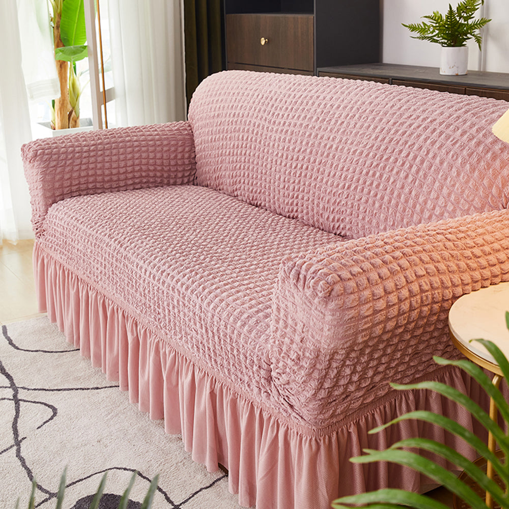 Seersucker Couch Cover with Ruffle Hemline Stretch Sofa Cover -Pink
