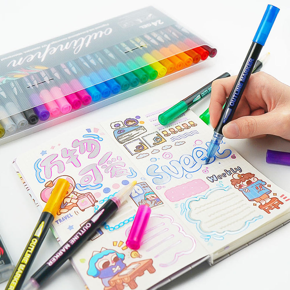 8 Color Multicolored Double Line Outline Marker Pen Set Painting Art