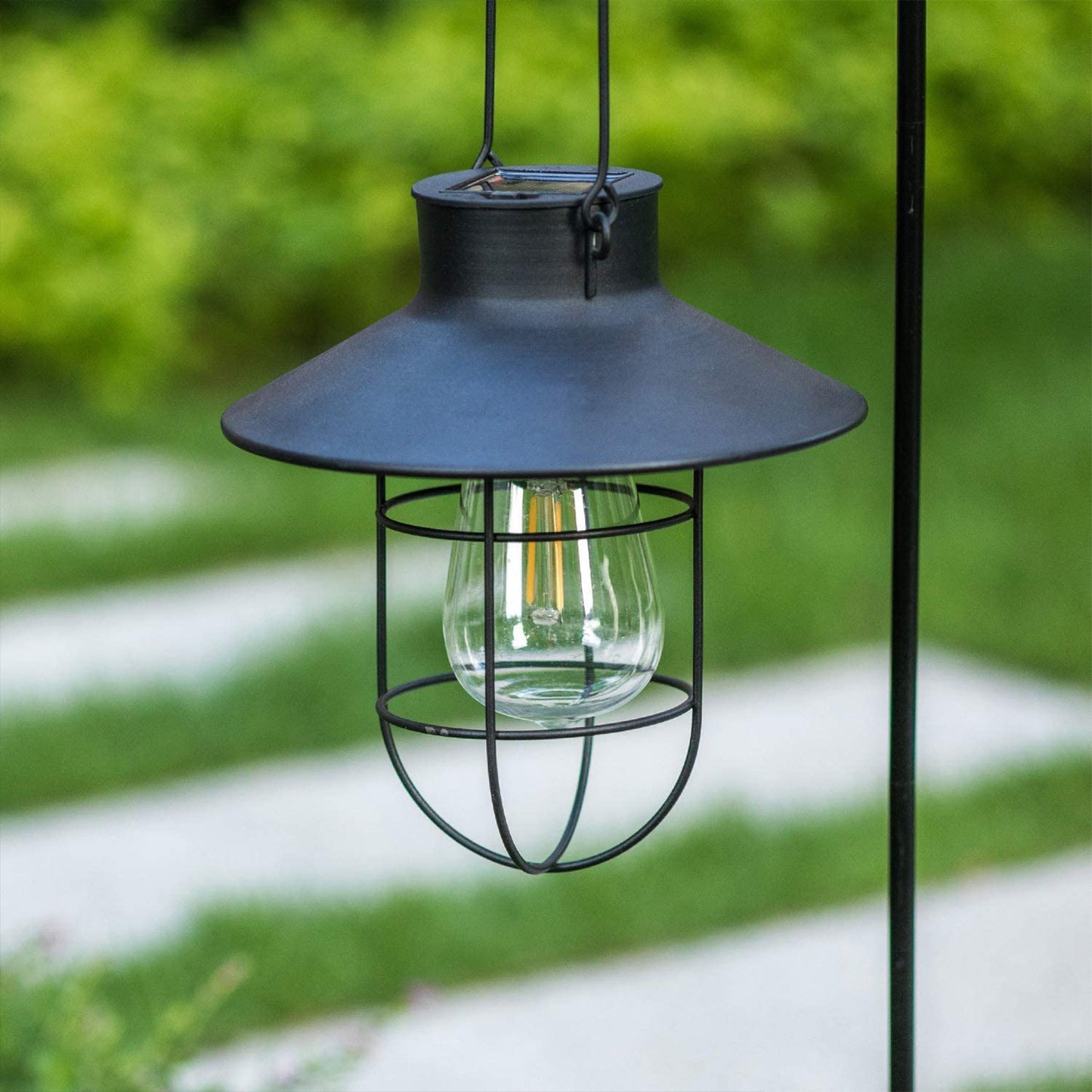 Solar Lantern Outdoor Hanging Light with Shepherd Hook Retro Stake Lights -Black