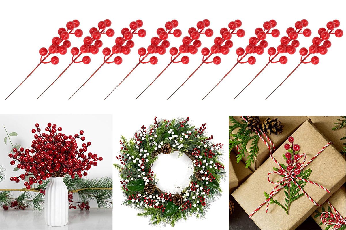 32PCS Christmas Berries Stems Artificial Red Berry Stems for Christmas Tree Ornaments Crafts Holiday and Home Decor
