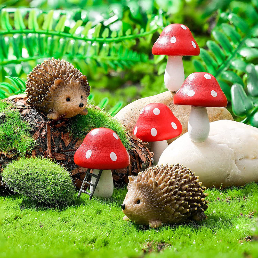 6Pcs Set Miniature Fairy Garden Decor Micro Resin Hedgehogs and Mushroom Sculpture Set