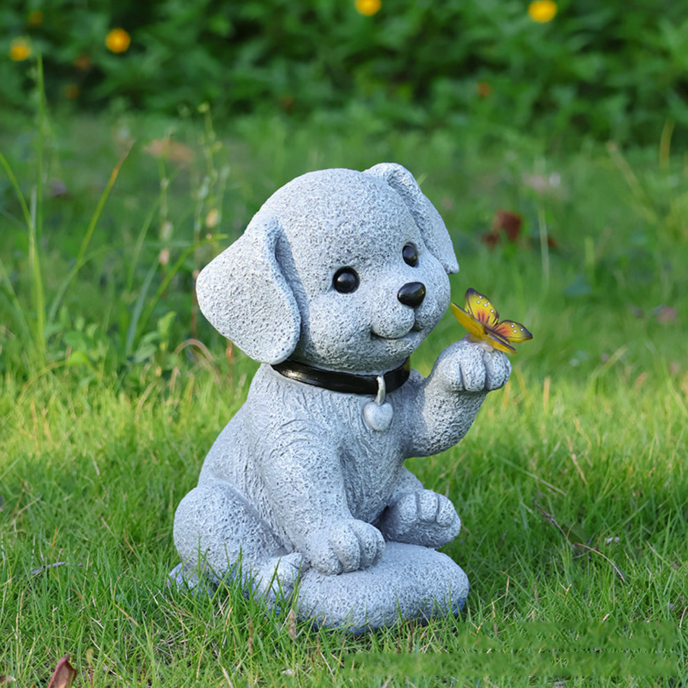 Solar Dog Outdoor Statues for Garden Outside Decor with Butterfly for Yard Art Lawn Ornaments