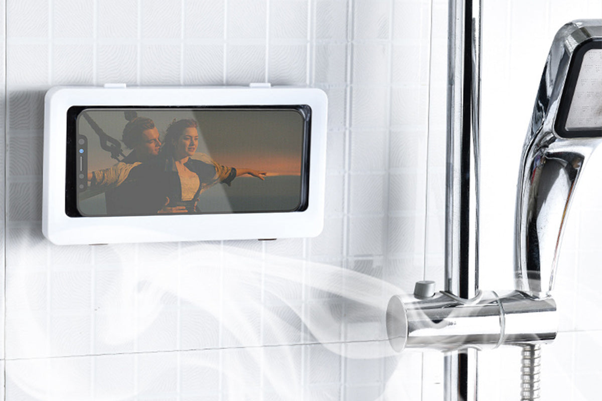 2Pcs Bathroom Waterproof Anti-Fog Wall Mount Shower Phone Storage Case-White