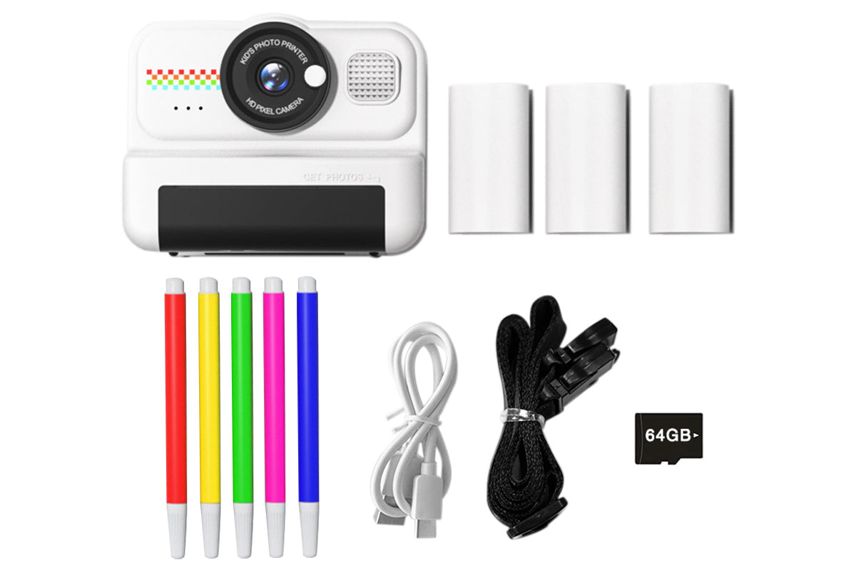 boy and girls Camera Instant Print 1080P Selfie Digital Camera with 64GB Card-White