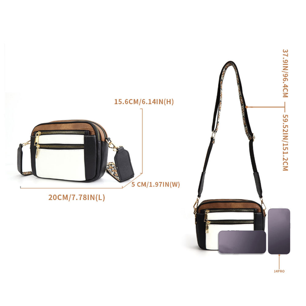Color-Block Small Crossbody Bags for Women PU Leather Shoulder Handbag Purse with Adjustable Wide Strap Black
