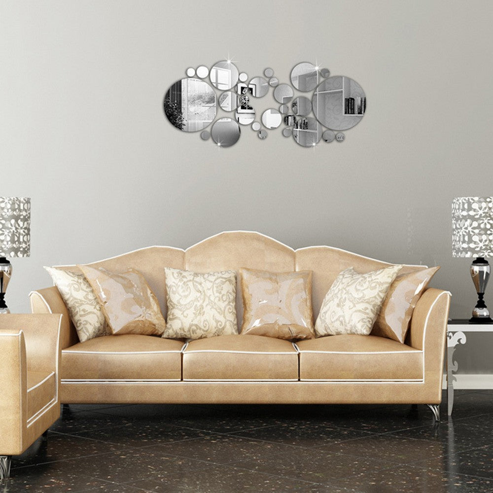 26Pcs Acrylic Round Mirror Wall Decor Stickers Removable Adhesive Wall Decals-Silver