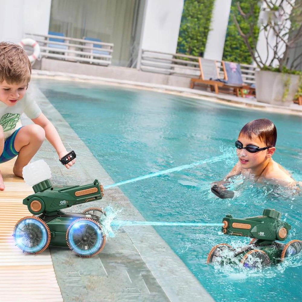 Amphibious Remote Control Car Boat Toy RC 4WD Stunt Car with Lights for Kids Green