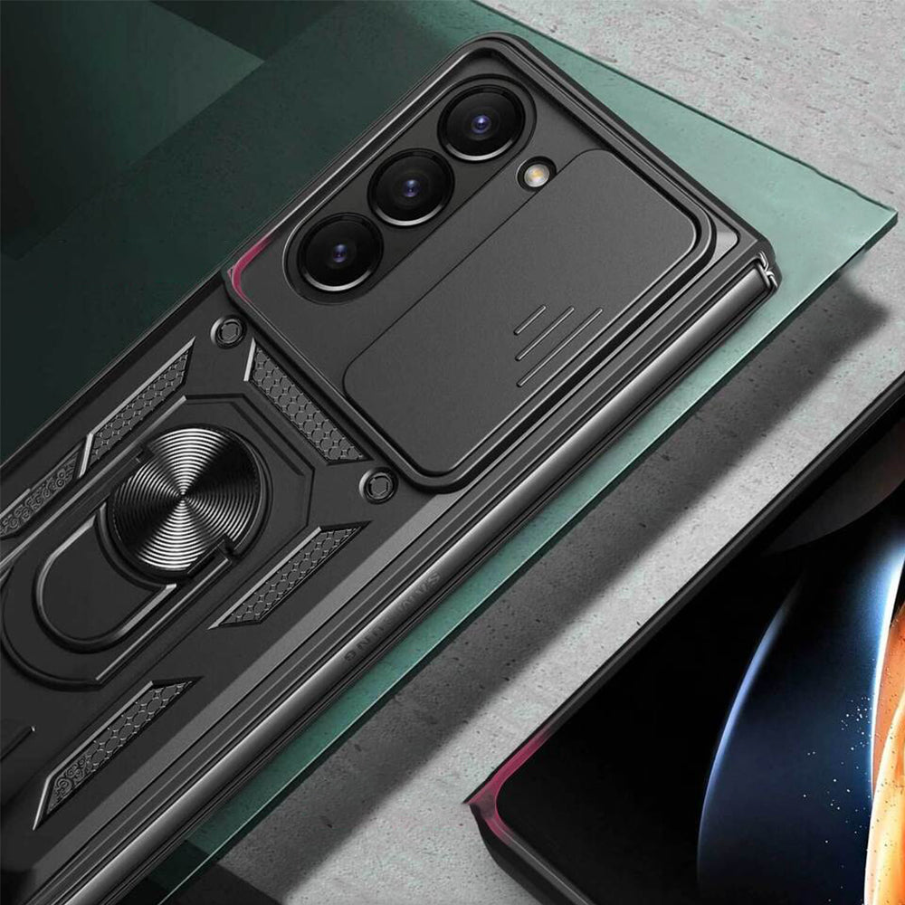 For Samsung Galaxy Z Fold Drop Protection Case Full-Body Shockproof Case with Rotating Ring Stand Black