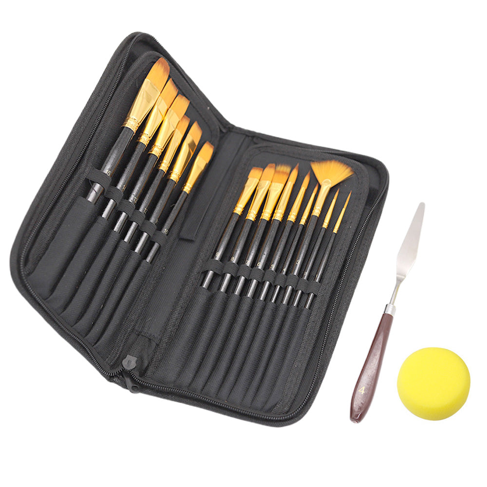 15Pcs Set Artist Paint Brushes with Sponge Brush for Watercolour Oil Painting Black