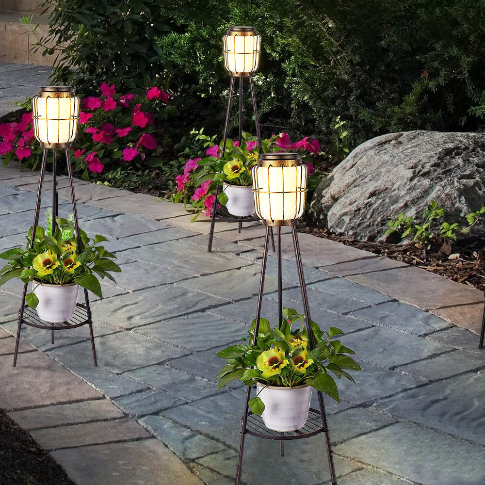 Metal Tripod Solar Floor Lamp with Plant Stands Outdoor Deck Garden Yard Pathway Light
