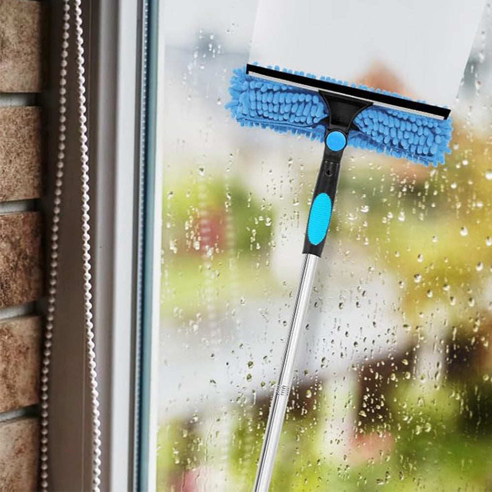 2-in-1 Extendable Window Squeegee Cleaner Tool Rotating Scrubber with 2 Replacement Cloths Blue