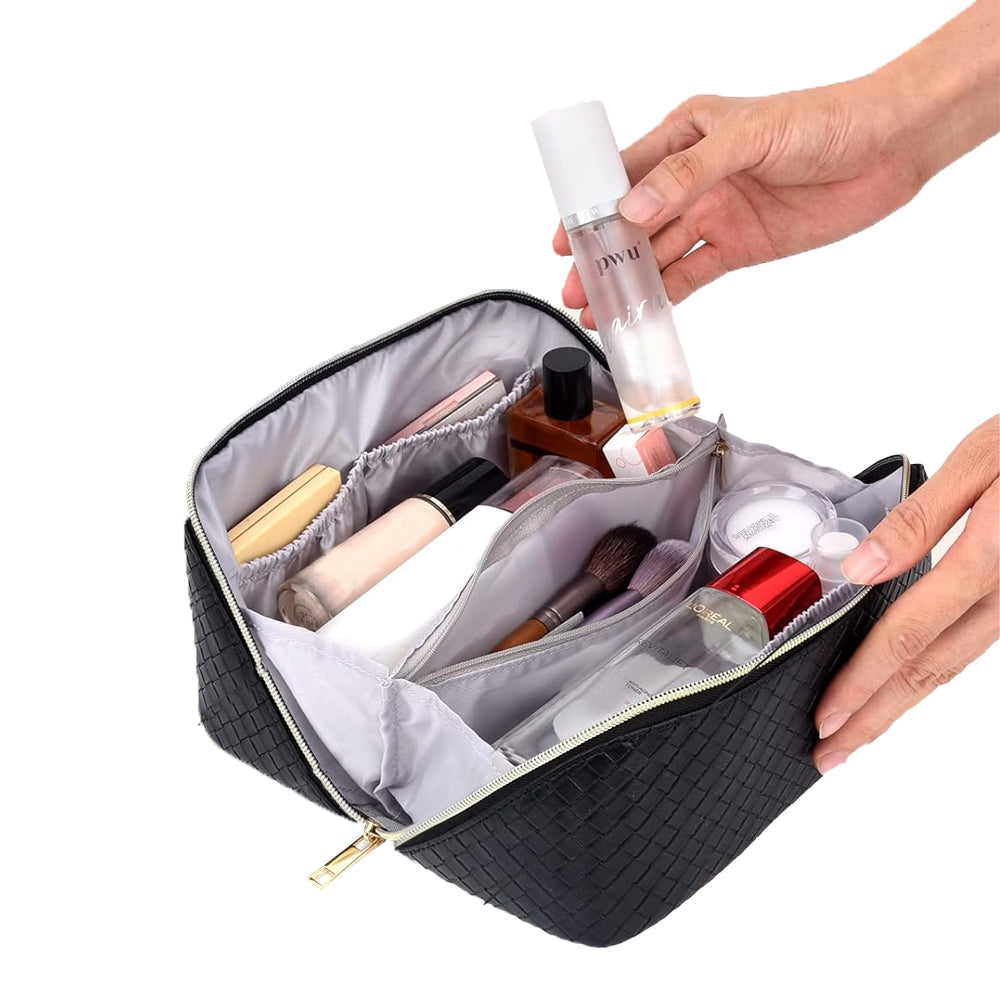 Makeup Bag Large Capacity Travel Cosmetic Bag Portable PU Leather Makeup Bag Organizer Black