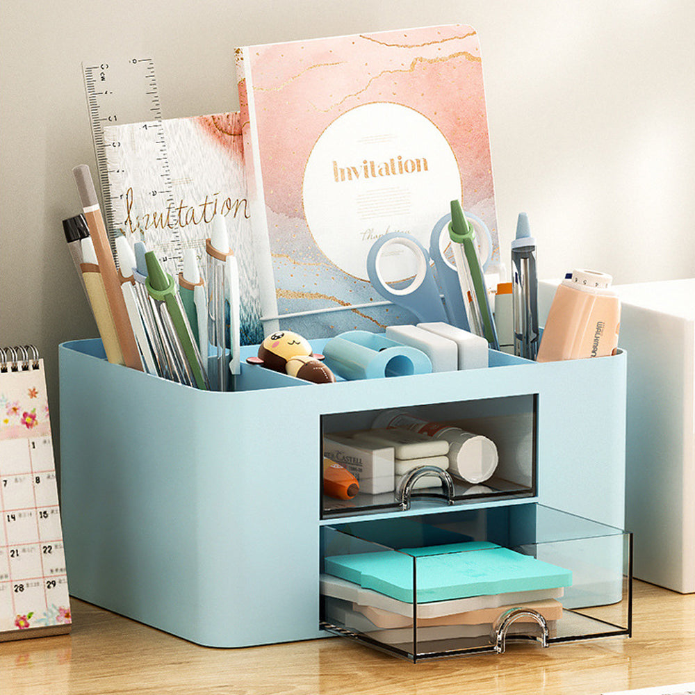Multi-Functional Pen Organizer with 2 Drawer Office Art Supplies Holder for Desk Blue