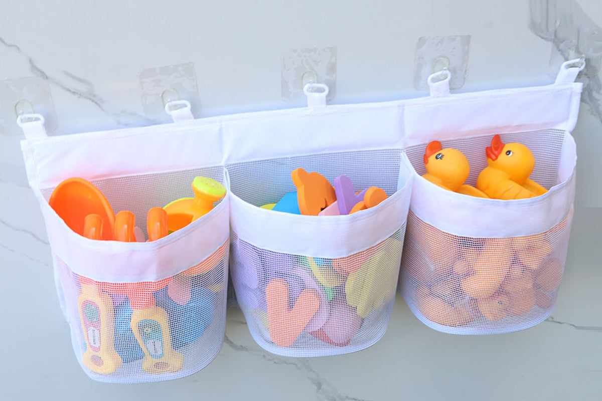 2Pcs 3 Compartment Horizontal Large Openings Bath Toy Organizer Hanging Mesh Shower Organizer