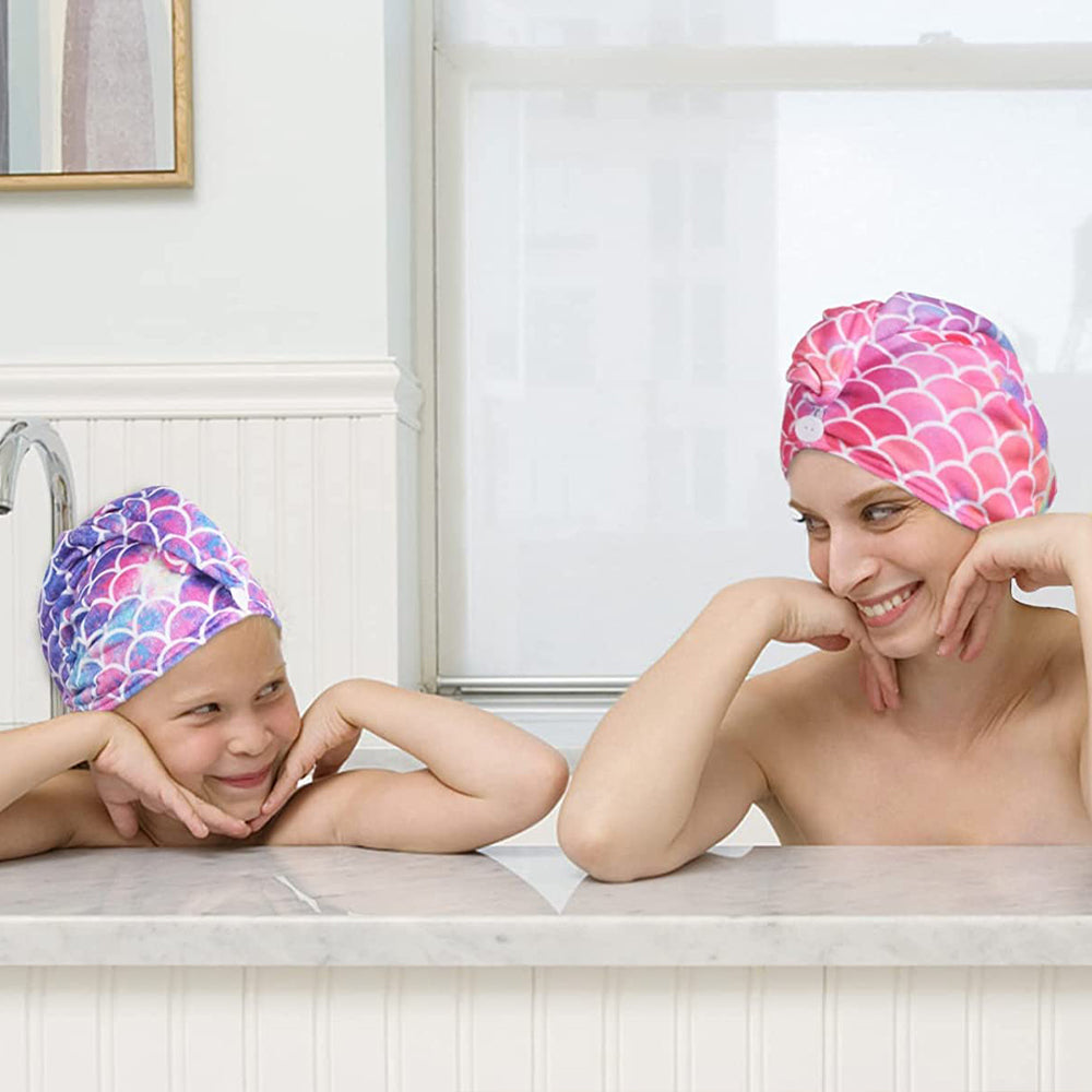 2 Pcs Fish Scales Style Print Microfiber Hair Drying Cap Purple and Pink