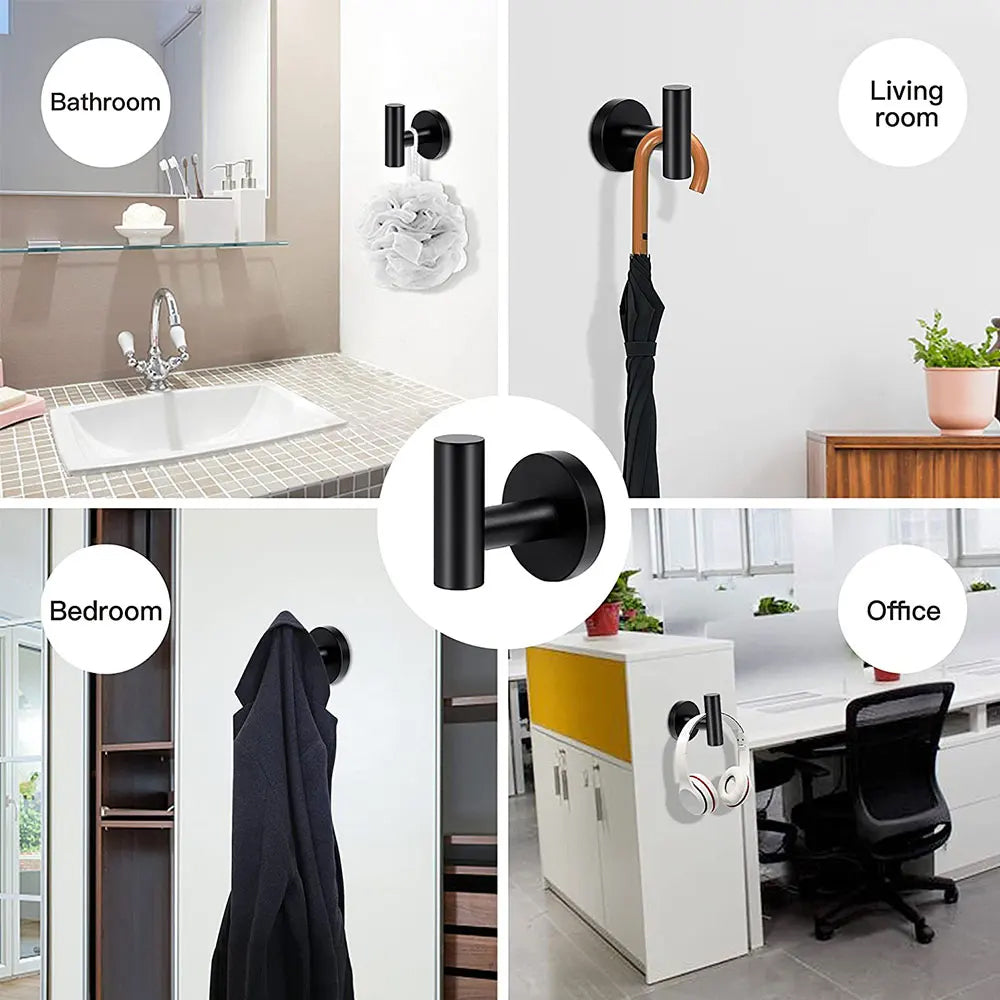 2Pcs Set Bathroom Towel Hook Wall Mounted Robes Holder Stainless Steel Clothing Hanger Black