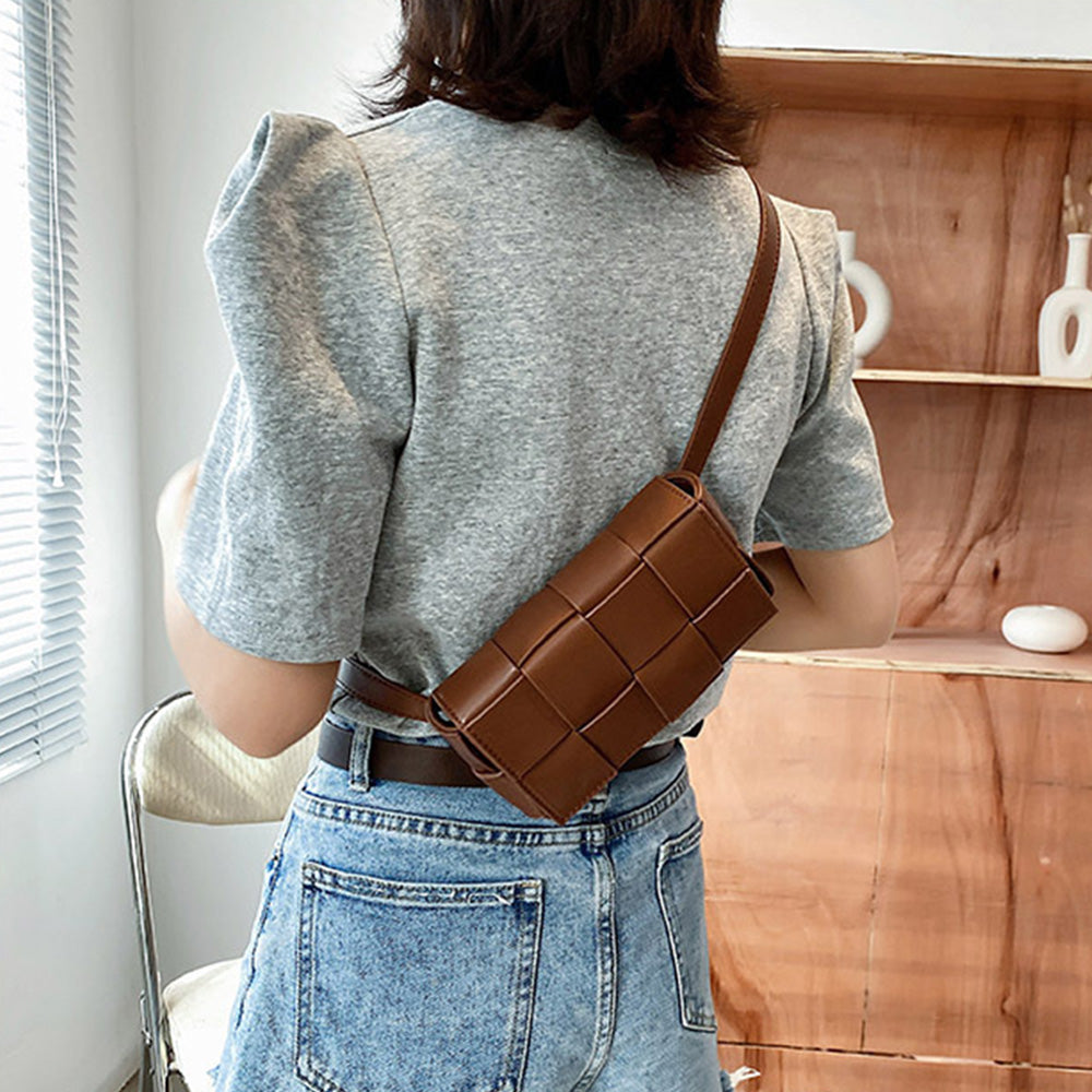 PU Leather Woven Style Crossbody Bag Small Shoulder Fanny Pack for Women Coffee
