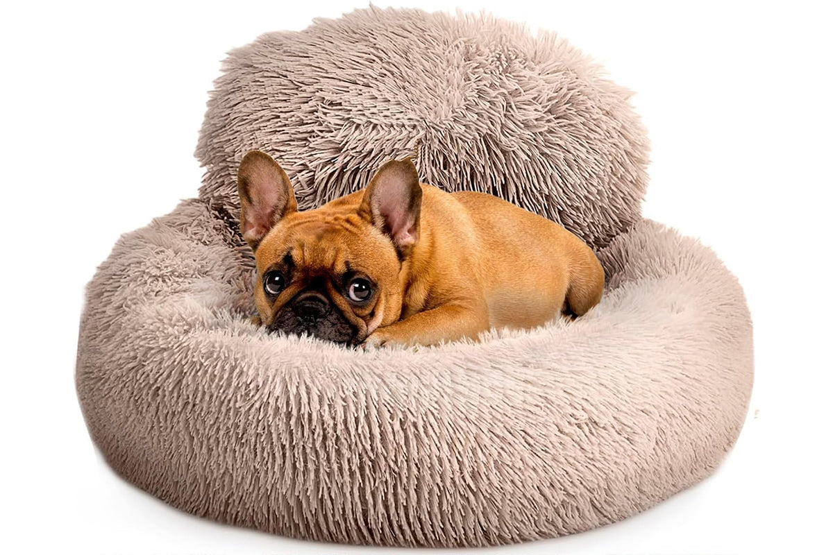 Calming Donut Dog Bed Anti-Slip Fluffy Plush Faux Fur Pet Bed for Most Dogs -Khaki