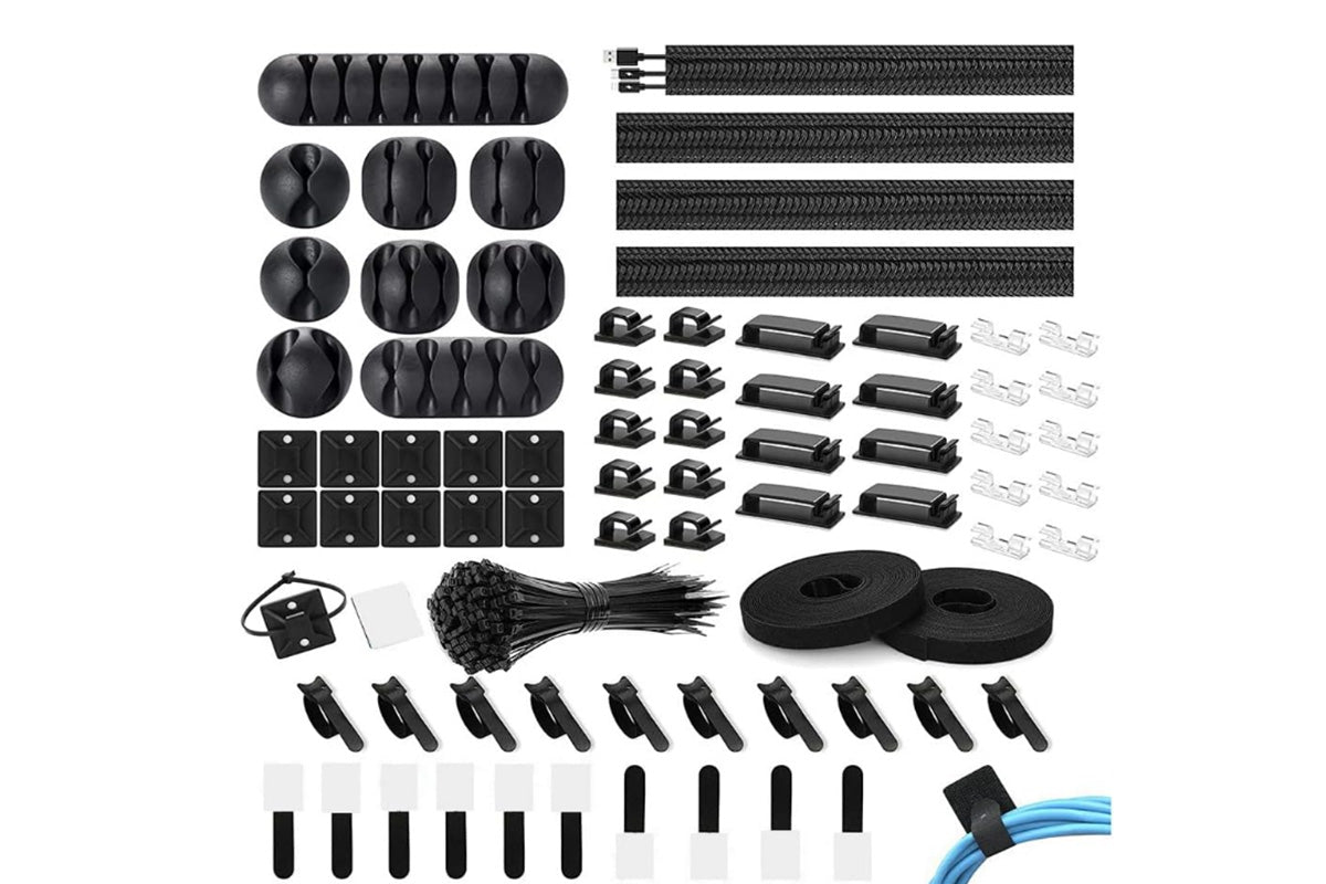 173Pcs Cable Management Organizer Kit Cable Sleeve Split with Self Adhesive Cable Clips Holder