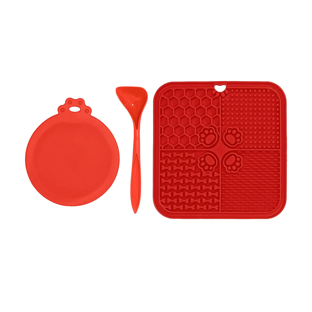 3Pcs Dog Feeding Set Silicone Pet Slow Feeder Lick Mat with Can Lids and Spoon Red