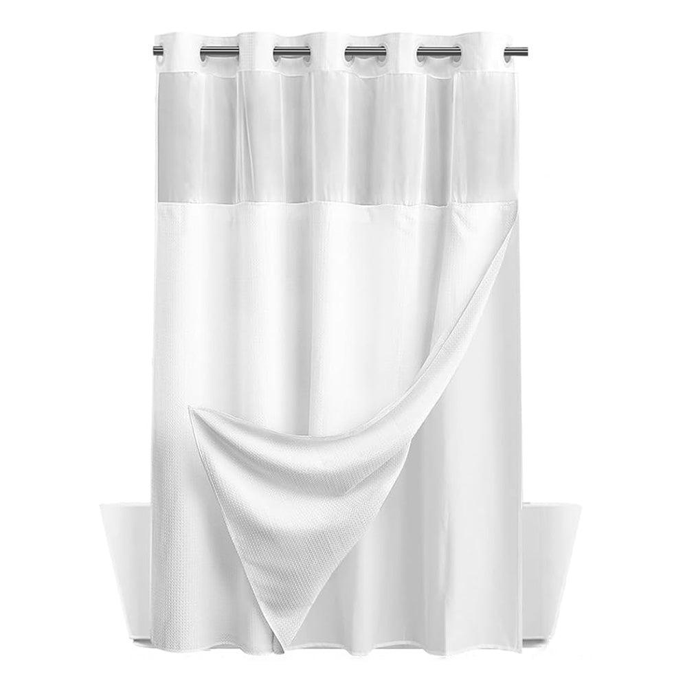 No Hook Shower Curtain with Snap in Fabric Liner Set Waffle Textured Shower Curtain for Bathroom White