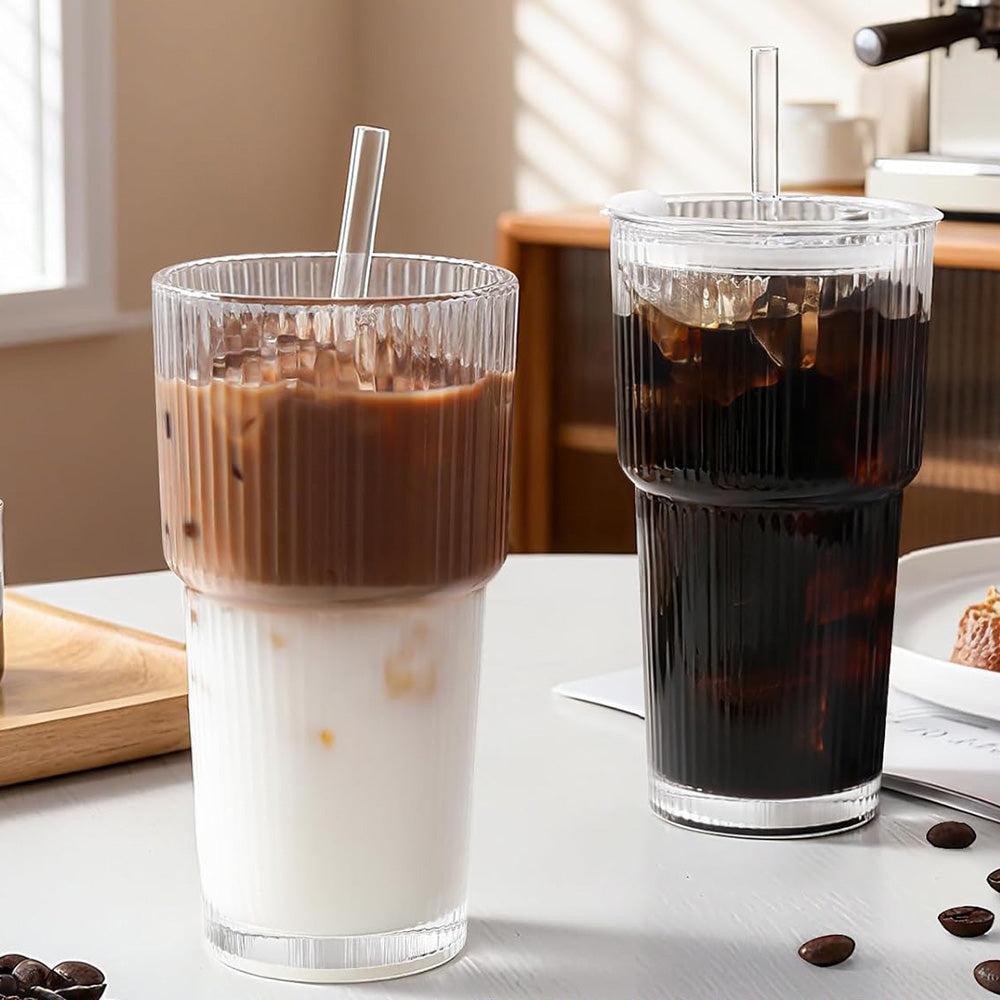 Iced Coffee Cups with Lid Ribbed Glass Tumbler with Straw Leak Proof Reusable for To Go