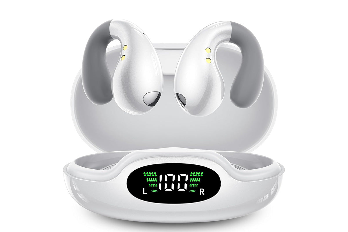 Open Ear Earbuds Ergonomic Clip-On Earbuds Bone Conduction Over-The-Ear Headphones-White