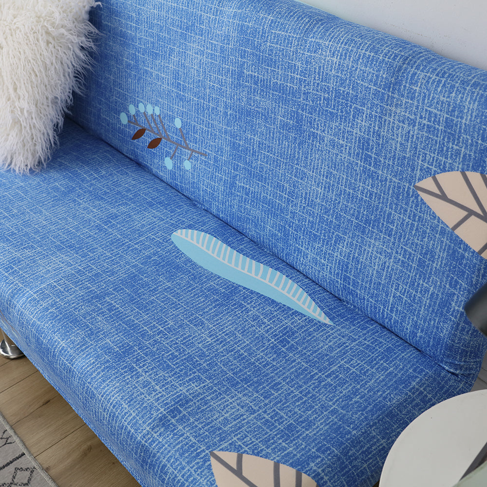 Printed Armless Futon Slipcovers Stretch Folding Sofa Bed Cover with Elastic Bottom -Blue