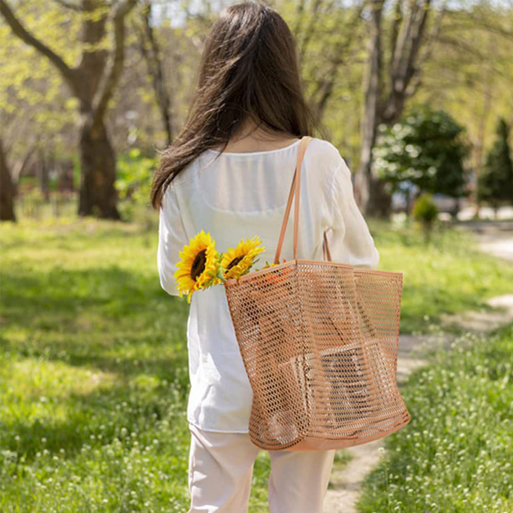 Beach Mesh Tote Bag Womens Shoulder Handbag Grocery Bag Brown