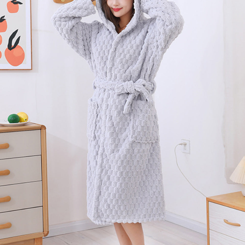 Women Bathrobe Long Winter Warm Wearable Bathrobe Grey