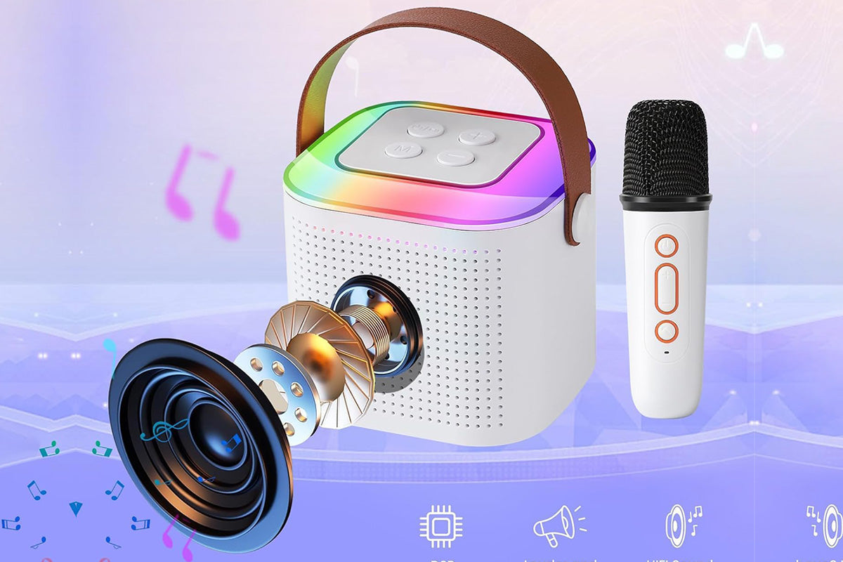 Bluetooth Mini Karaoke Machine Karaoke Speaker with 2 Wireless Microphones and Party Lights for Family Birthday Gifts -White