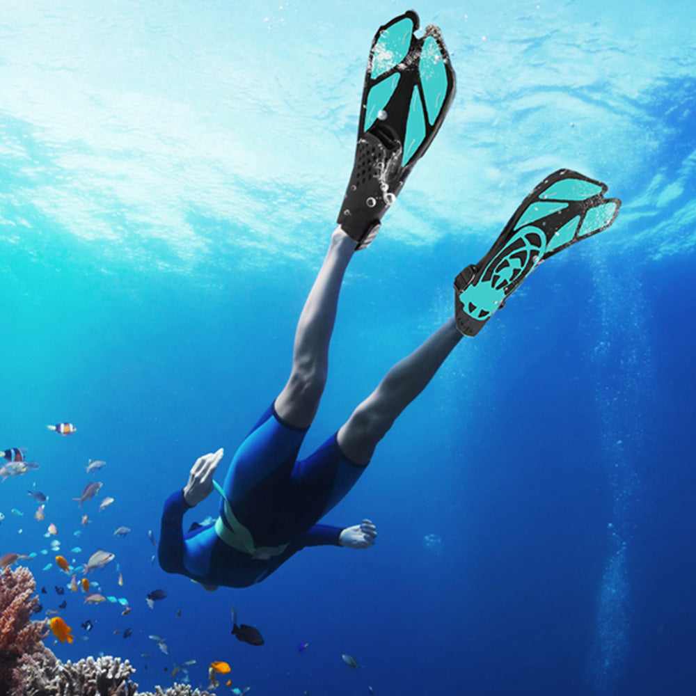 Pair of Snorkel Fins Diving Swim Fins Adjustable Open Heel Swimming Barefoot Flippers Cyan