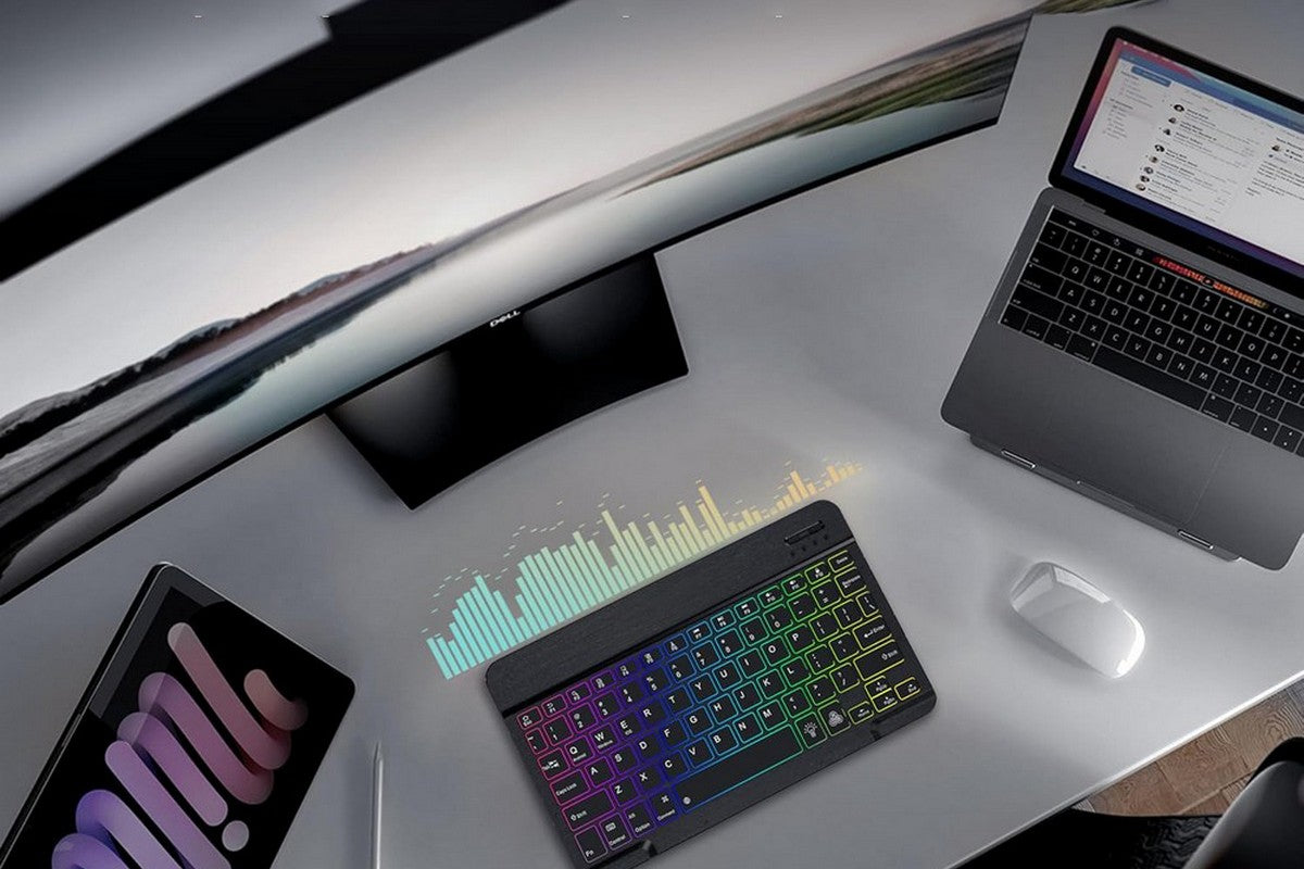 Ultra thin Bluetooth Keyboard and Mouse Combo for iPad Rechargeable RGB Wireless Keyboard Mouse 7-Color Backlit-Black