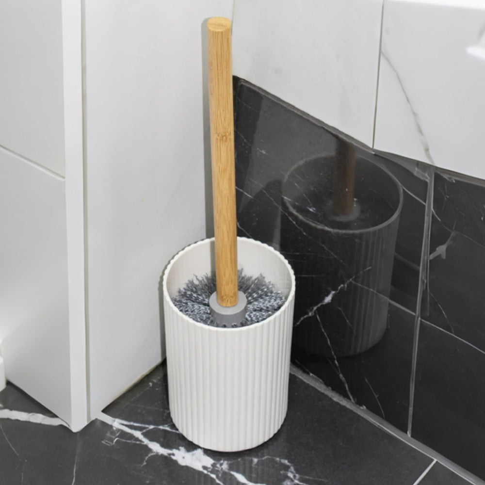 6 Pcs Bathroom Wash Set with Bamboo Lids and Plastic Body -White