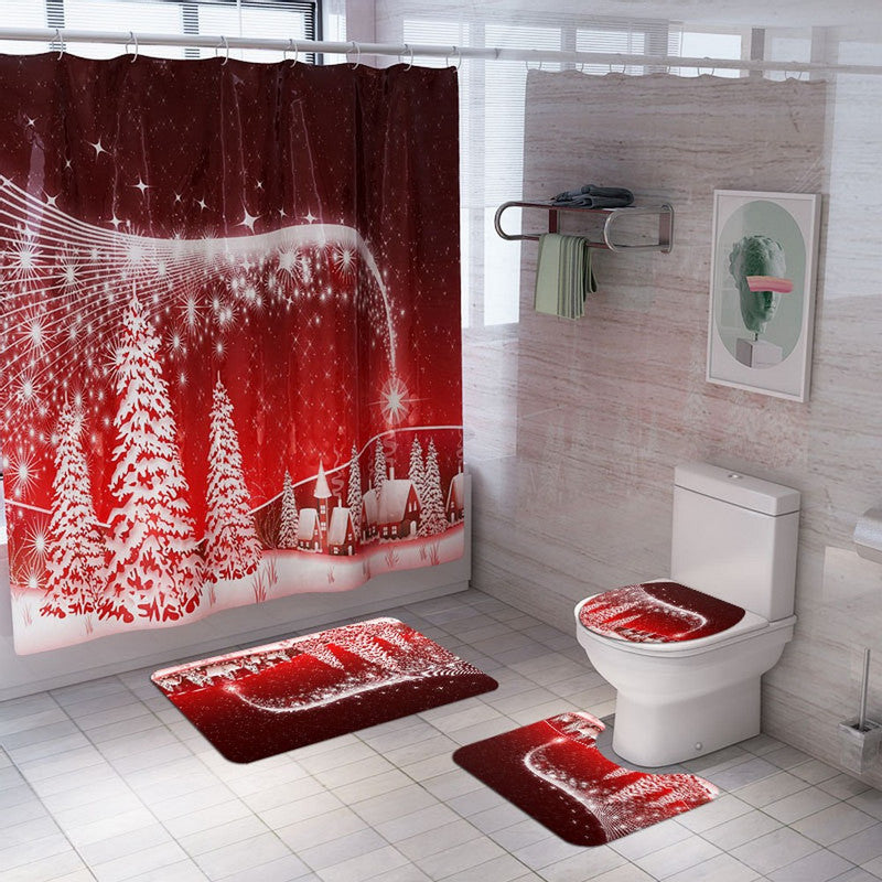 Christmas Printed Shower Curtain and Toilet Lid Cover and Bath Mat and Bathroom Rug Set Style 5