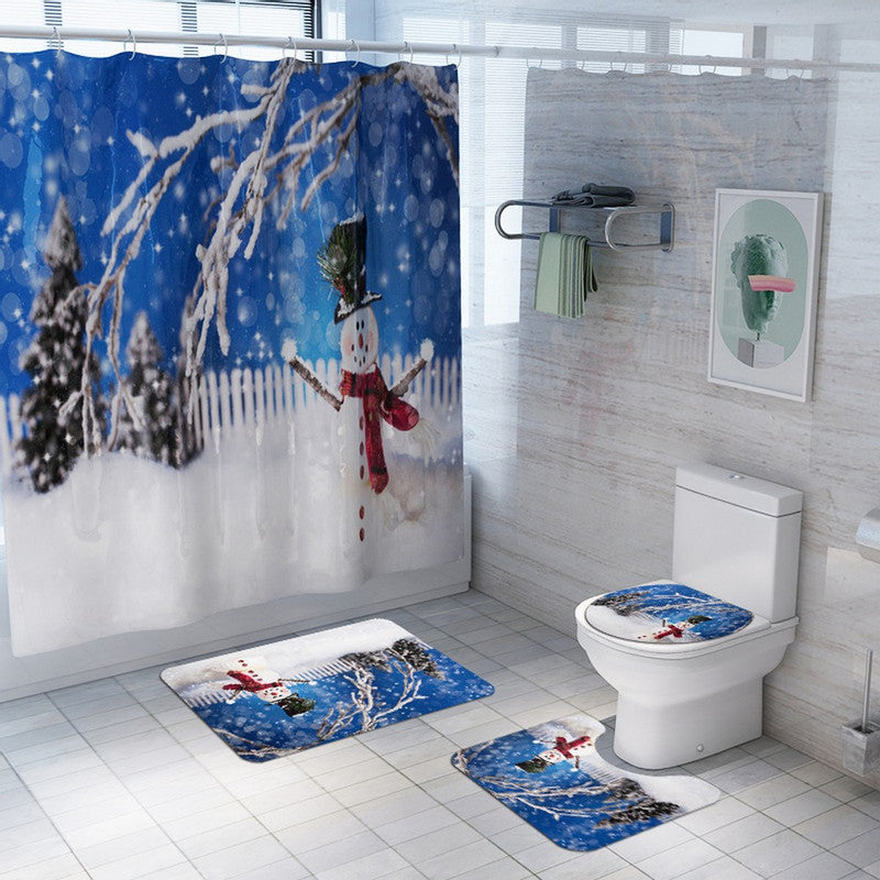 Christmas Printed Shower Curtain and Toilet Lid Cover and Bath Mat and Bathroom Rug Set Style 8