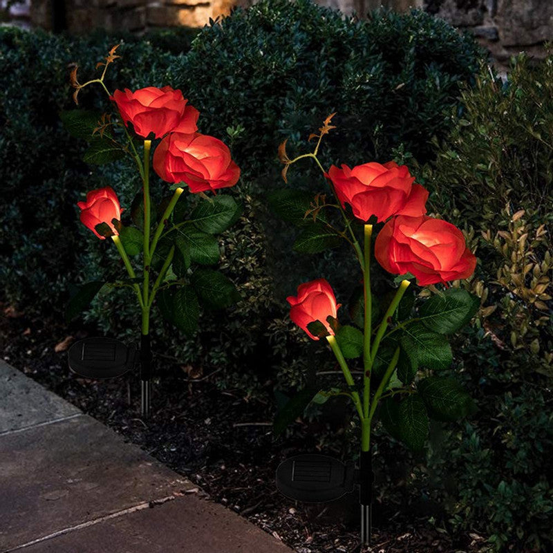 3LED 3Heads Solar Powered Garden Decorations Lights Simulation Rose Flower Decoration Lamp for Backyard Garden