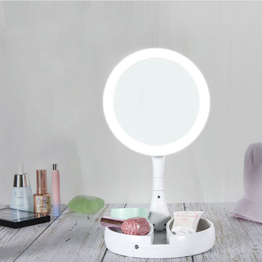 LED-Illuminated Double-Side Mirror 10X Magnification Foldable Makeup Mirror