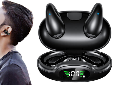 Open Ear Earbuds Ergonomic Clip-On Earbuds Bone Conduction Over-The-Ear Headphones-Black
