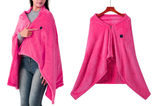 Portable Heated Blanket USB Charging Plush Warm Shawl Wearable for Home Office -Pink