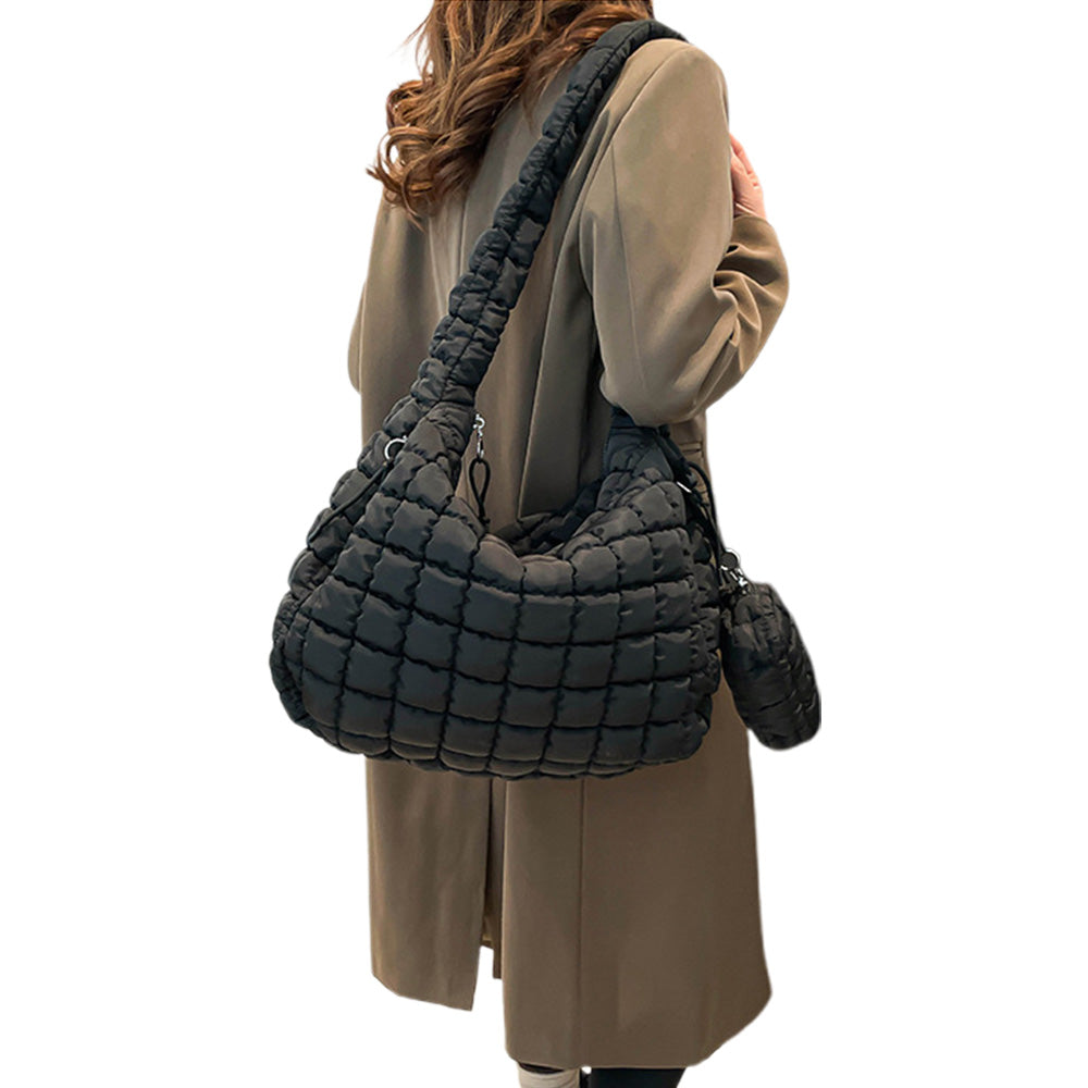 Puffer Tote Bag Quilted Puffy Crossbody Carryall Handbag Black