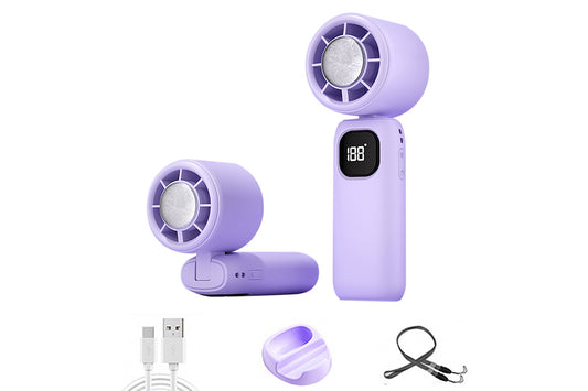 100 Speeds Digital Display Cooling Fan USB Fan with Lanyard and Phone Holder Base-Purple