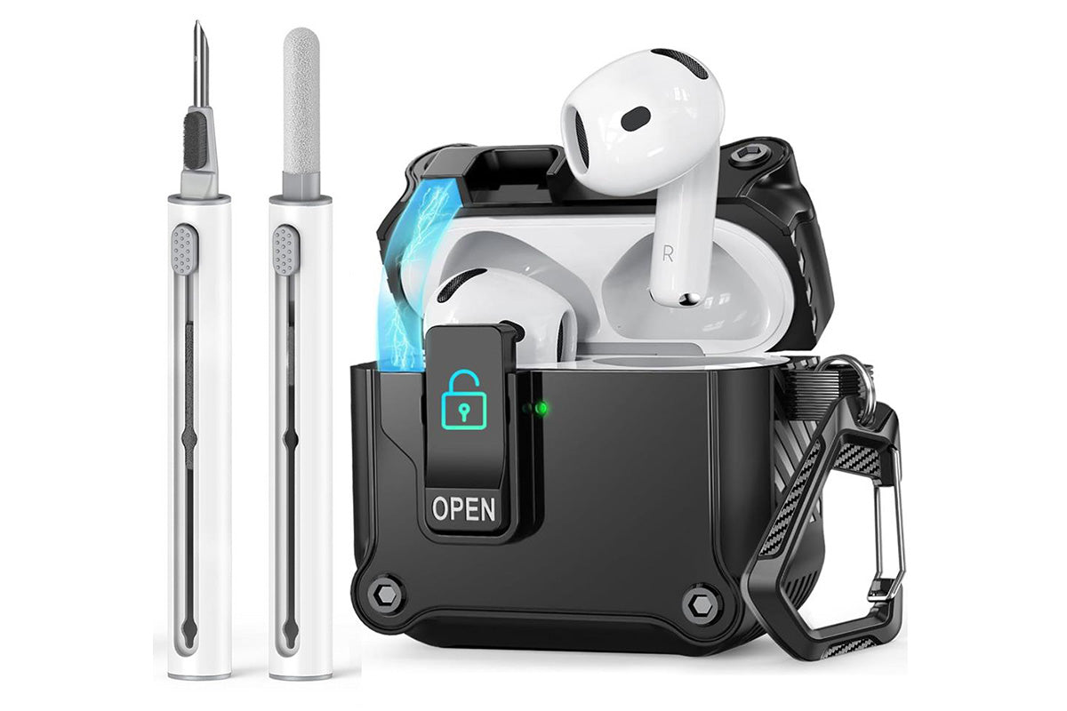 Hard Shell Protective Armor with Lock Case Cover for AirPods 4th Gen with 2 Cleaning Pen-Black