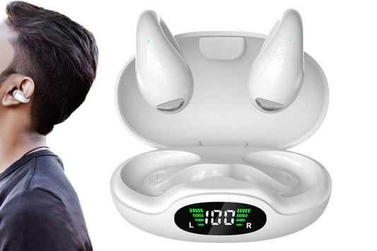 Open Ear Earbuds Ergonomic Clip-On Earbuds Bone Conduction Over-The-Ear Headphones-White